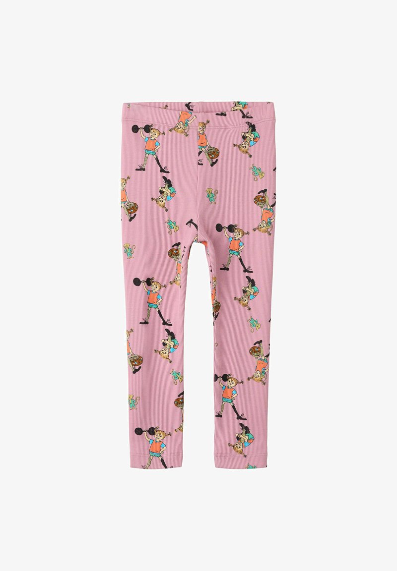 Leggings côtelés roses avec un motif répétitif d'une fille de dessin animé soulevant une barre et de petits personnages d'animaux imprimés partout.