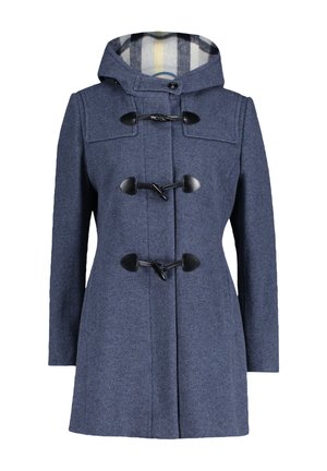 Blue wool toggle coat with hood and striped inner lining, featuring three black leather fasteners down the front.