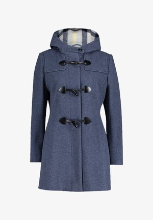 Cappotto blu in lana con cappuccio e foderato con righe, dotato di tre chiusure in pelle nera lungo il davanti.