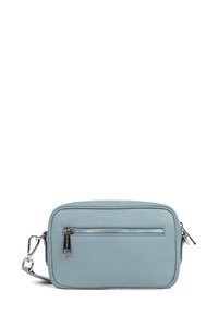 Borsa a tracolla blu in pelle con finitura testurizzata, forma rettangolare, tasca con zip frontale e dettagli in metallo argentato.