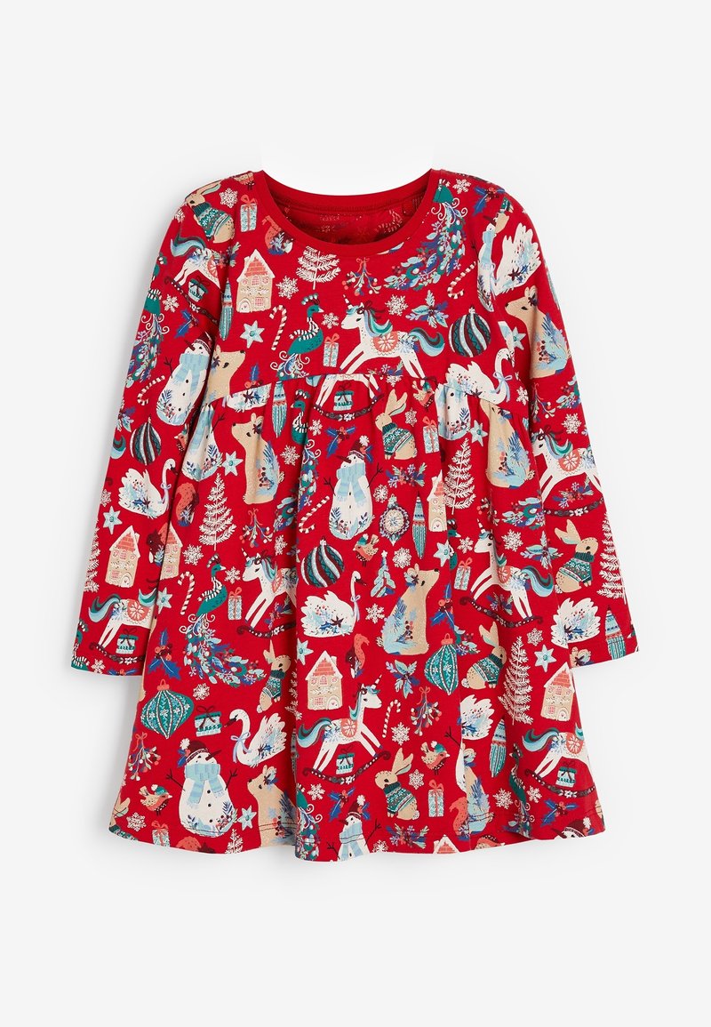 Robe rouge à manches longues arborant divers motifs ludiques sur le thème des fêtes, incluant des animaux, des arbres et des décorations, avec une taille à volants.