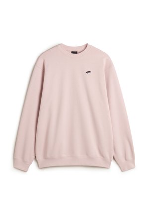 Light pink sweatshirt, cotton blend, crew neck, long sleeves, ribbed cuffs and hem, featuring a small black logo on the chest.