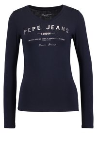 Navy long-sleeve T-shirt with V-neck, featuring a silver graphic print that includes "Pepe Jeans London" and detailed text. Soft fabric.
