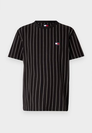Black short-sleeve t-shirt with white vertical pinstripes and small Tommy Jeans logo on the left chest.