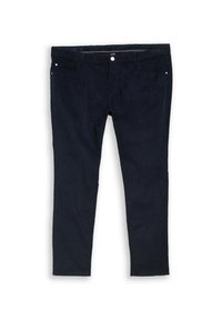 Marineblaue Cordhose mit geradem Bein. Zu den Merkmalen gehören ein Knopfverschluss, Vordertaschen und eine strukturierte Oberfläche.