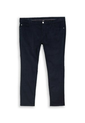 Jūras spēku zilo korduroja bikses ar taisnu kāju dizainu. Iespējas ietver pogu aizdari, priekšējos kabatas un teksturētu apdari.