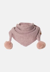 Bufanda rosa con un diseño de tejido texturizado, forma triangular, terminada con dos suaves y esponjosos pompones en cada extremo.