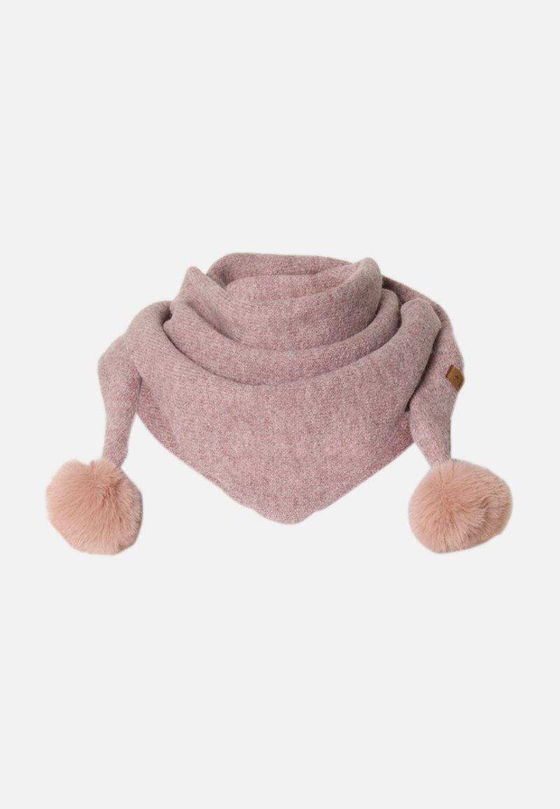 Bufanda rosa con un diseño de tejido texturizado, forma triangular, terminada con dos suaves y esponjosos pompones en cada extremo.