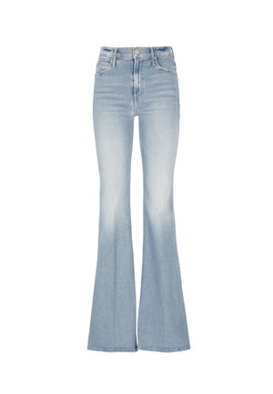 Jeans a zampa in denim blu chiaro con vita alta, cinque tasche e leggera sfumatura sulle cosce, con orlo dritto.