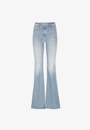 Jeans a zampa in denim blu chiaro con vita alta, cinque tasche e leggera sfumatura sulle cosce, con orlo dritto.