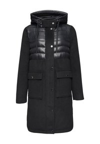 Schwarze Daunenjacke mit einem Unterteil aus Wollmischung, verstellbarem Kapuze, Druckknöpfen und großen Vordertaschen. Glatter, gesteppter Oberteil.