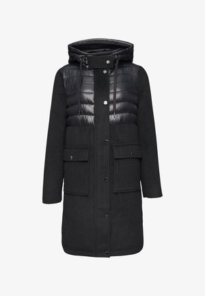 Abrigo acolchado negro con sección inferior de mezcla de lana, capucha ajustable, botones a presión y grandes bolsillos frontales. Panel superior suave y acolchado.