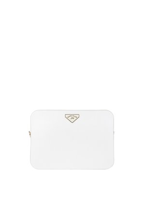 Borsa clutch rettangolare bianca con bordi arrotondati, zip dorato e piccola placca con logo dorato che recita Marc Ellis nella parte superiore centrale.
