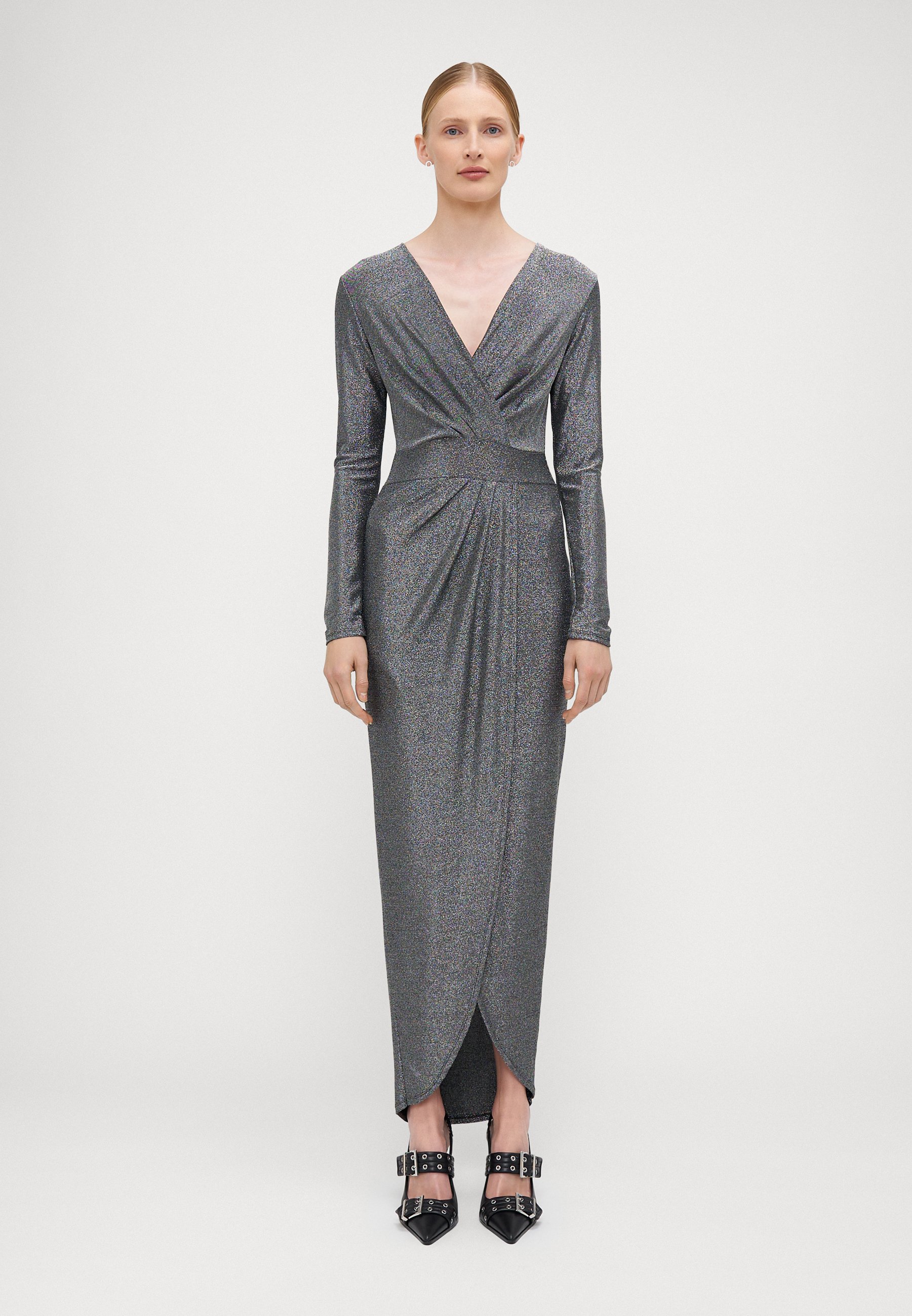 green emerald velvet dress Chi Chi London Women's Long Sleeve Glitter Plisse Wrap Midi Dress Silver 14 main image 1