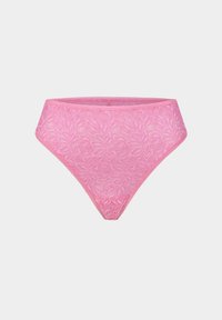 Roze kanten hooggetailleerde onderbroek met een bloemenpatroon, zachte randen en een elastische tailleband voor comfort.