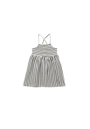 Robe sans manches rayée blanche et bleu marine pour enfant avec fines bretelles croisées et trois boutons en bois sur le corsage avant.