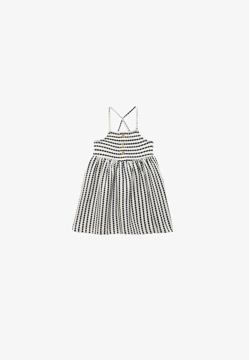 Robe sans manches rayée blanche et bleu marine pour enfant avec fines bretelles croisées et trois boutons en bois sur le corsage avant.