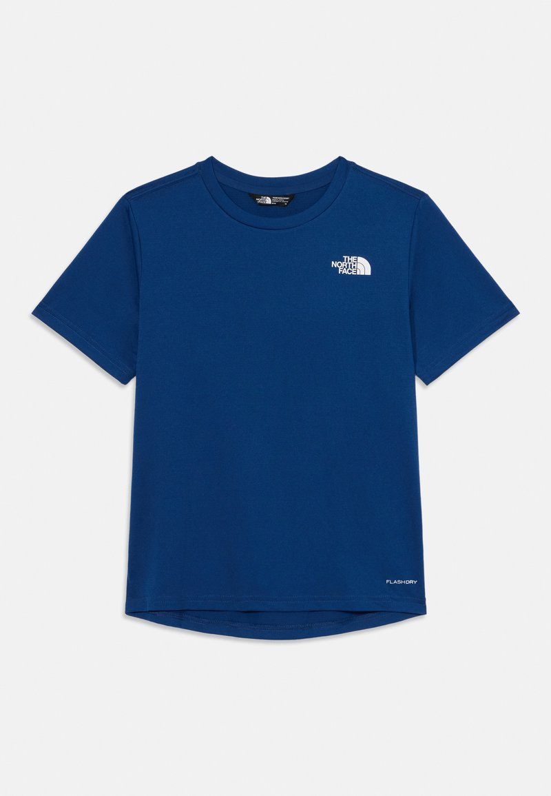 T-shirt azul de mangas curtas, feito de um tecido misto de algodão. Apresenta um pequeno logo branco no peito e uma bainha curva. Design leve e simples.