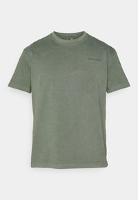 Olive green cotton T-shirt, crew neck, short sleeves, with a small black logo on the left chest, and a relaxed fit.