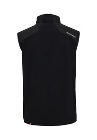 Black sleeveless vest, high collar, smooth fabric with contrasting shoulder material, features subtle branding on the back.