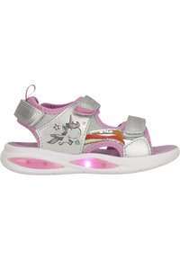 Lila und silberne Kindersandalen mit Einhornmotiv, verstellbaren Riemen, Netzpaneelen und rosa leuchtender Sohle.
