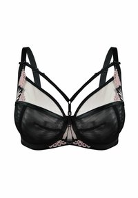 Czarny stanik z koronką, z przezroczystymi panelami, różowymi haftami, wsparciem w postaci fiszbin oraz regulowanymi ramiączkami z dekoracyjnym detalem.