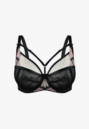 Czarny stanik z koronką, z przezroczystymi panelami, różowymi haftami, wsparciem w postaci fiszbin oraz regulowanymi ramiączkami z dekoracyjnym detalem.