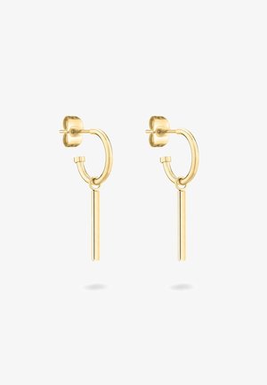 Goldene Creolen mit glatter Oberfläche, mit einem vertikalen Stab, der an einem kreisförmigen Ringdesign baumelt. Sichtbarer Post-Back-Verschluss.