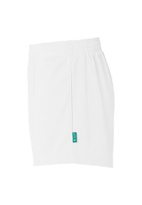 Witte lichte shorts met een elastische tailleband, voorzien van een textuurstof en een klein groen merklabel op de zijnaad.
