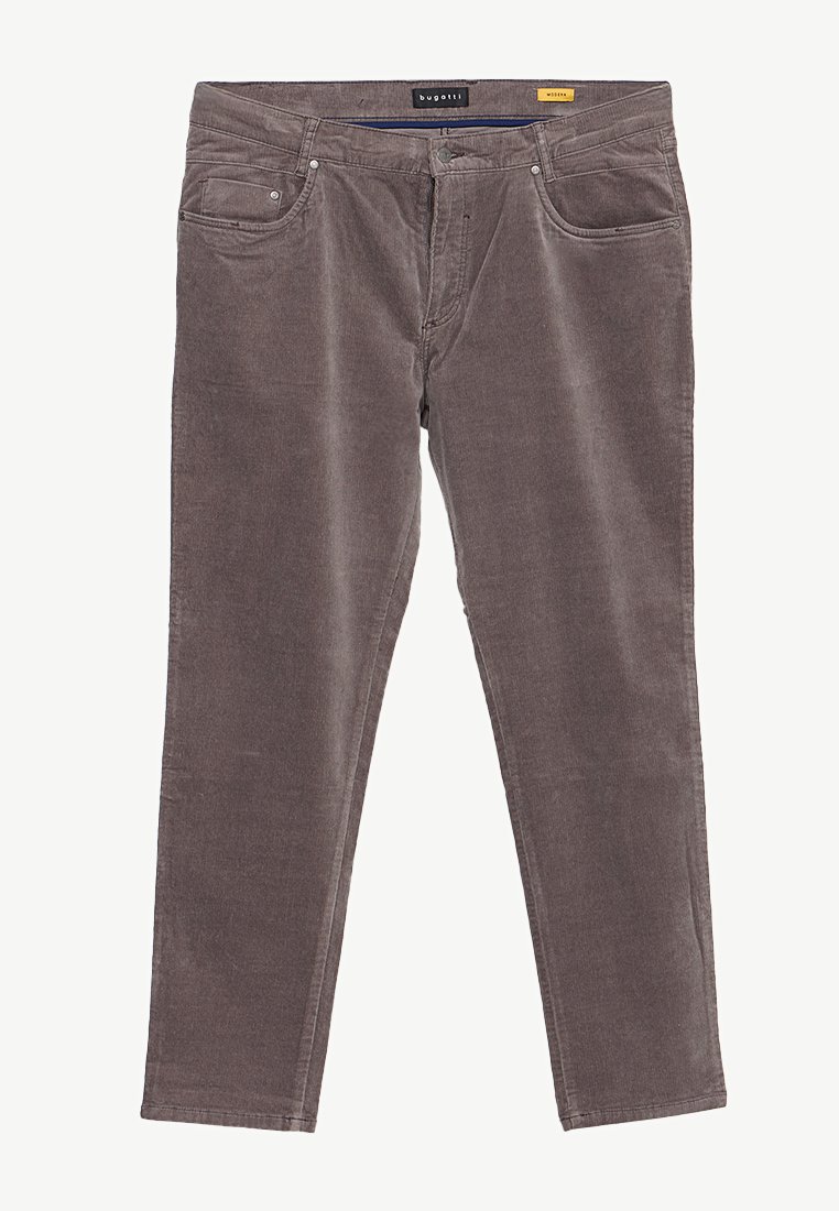 Pantalons de velours côtelé gris avec une conception à cinq poches, fermeture à bouton et couture visible, présentant une texture douce et une coupe droite.