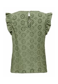 Bluzka w oliwkowym kolorze z kwiatowym wzorem z dziurkami, bufkami na rękawach oraz otworem w kształcie łezki z tyłu zamykanym na guzik. Materiał bawełniany.