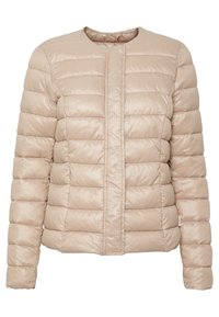 Giacca puffer beige con texture a righe verticali, scollatura rotonda e chiusura frontale con zip. Realizzata in tessuto liscio e lucido.