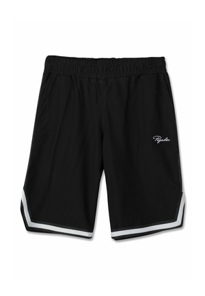 Schwarze Sportshorts mit elastischem Bund, weißem Streifenbesatz nahe dem Saum und kleinem weißem "Pegador"-Logo am rechten Bein.
