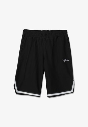 Zwarte sportshorts met elastische tailleband, witte streep langs de zoom en een klein wit "Pegador"-logo op het rechterbeen.