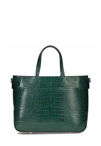 Sac fourre-tout vert foncé avec texture crocodile, deux poignées et forme rectangulaire sur un fond blanc.