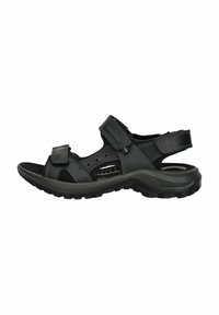Sandalo nero con cinturini in velcro regolabili, design superiore perforato, soletta imbottita e suola in gomma nera con texture.