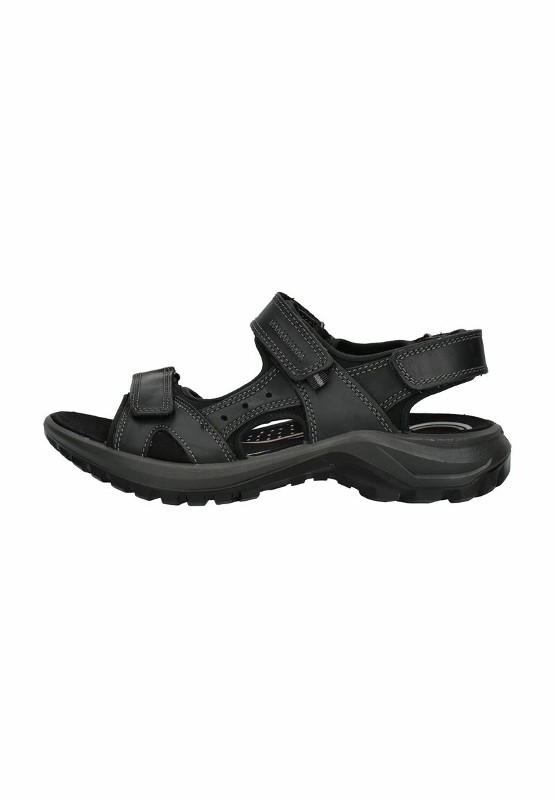 Sandalo nero con cinturini in velcro regolabili, design superiore perforato, soletta imbottita e suola in gomma nera con texture.