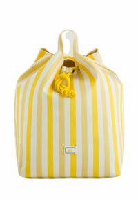 Keltainen ja valkoinen pystysuora raidoitettu kangassalkku, jossa on nyörikiinnitys ja pieni neliön muotoinen logo edessä keskellä.