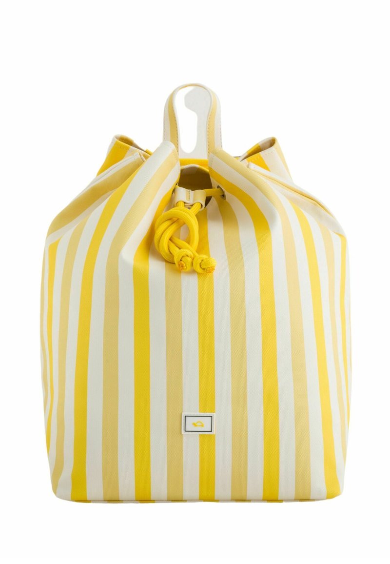 Keltainen ja valkoinen pystysuora raidoitettu kangassalkku, jossa on nyörikiinnitys ja pieni neliön muotoinen logo edessä keskellä.