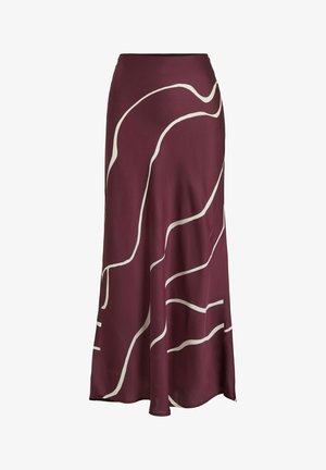 Maroon silk skirt with a flowing shape, featuring white abstract line patterns. Smooth texture and ankle-length design.