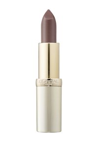 L'Oréal Paris läppstift i en guldfärgad cylindrisk förpackning. Kulan är i en mjuk, dämpad mauve nyans med en slät textur och en spetsig topp.