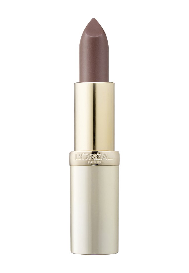 L'Oréal Paris läppstift i en guldfärgad cylindrisk förpackning. Kulan är i en mjuk, dämpad mauve nyans med en slät textur och en spetsig topp.