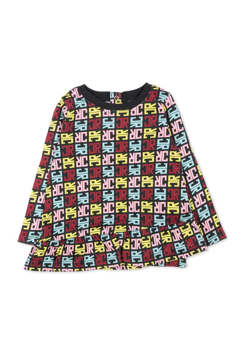 Sukienka z długim rękawem w czarnym kolorze z wielokolorowym, kwadratowym wzorem graficznym. Posiada falbaniasty dół i okrągły dekolt.