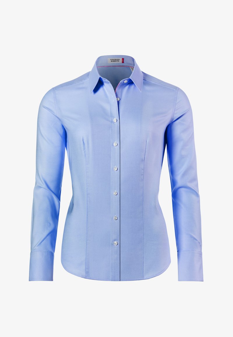 Hellblaues Langarmhemd aus glattem Stoff, mit spitzem Kragen, Knopfverschluss und taillierter Form mit Seitennähten.