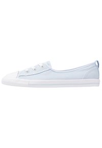 Jasnoniebieskie płócienne sneakersy z białym gumowym czubkiem, sznurowana konstrukcja, teksturowana powierzchnia oraz smukła biała podeszwa. Posiadają pętelkę na pięcie.