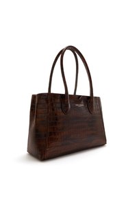 Brown leather handbag with a crocodile skin texture, rectangular shape, two sturdy handles, and gold branding on the front.
