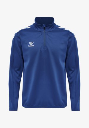 Kvartdraget, långärmad tröja i solid blått tyg. Har kontrasterande vita diagonala ränder på axlarna och en liten logotyp fram.