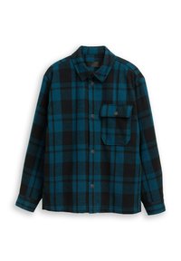 Kraagloze flanellen overhemd met een zwart en blauw ruitpatroon, lange mouwen, een enkele borstzak en een klassieke kraag. Zachte stoftextuur.