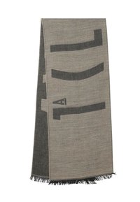 Sciarpa grigia intrecciata con motivi astratti grigio scuro a contrasto e bordi sfrangiati, realizzata in tessuto morbido con una trama liscia.