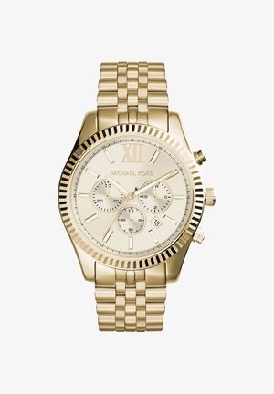 Orologio da polso Michael Kors dorato con tre quadranti secondari, numero romano XII, visualizzazione della data alle 4 e cinturino metallico a maglie.